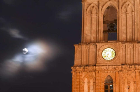 Mexico, Evening sky with moon and church clock White Modern Wood Framed Art Print with Double Matting by Rotenberg, Nancy