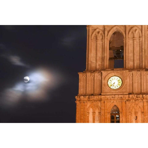 Mexico, Evening sky with moon and church clock Black Modern Wood Framed Art Print by Rotenberg, Nancy