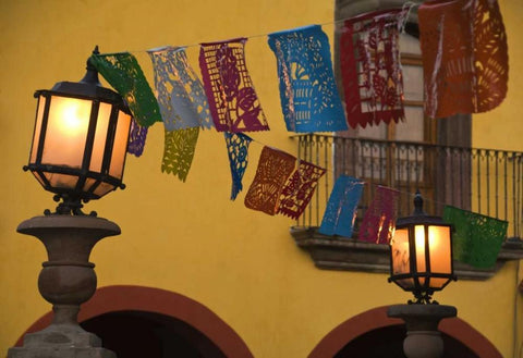 Mexico Lantern with string of flags on them Black Ornate Wood Framed Art Print with Double Matting by Rotenberg, Nancy
