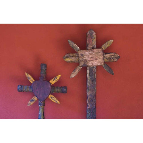 Mexico Two wooden crosses against red wall Black Modern Wood Framed Art Print by Young, Bill