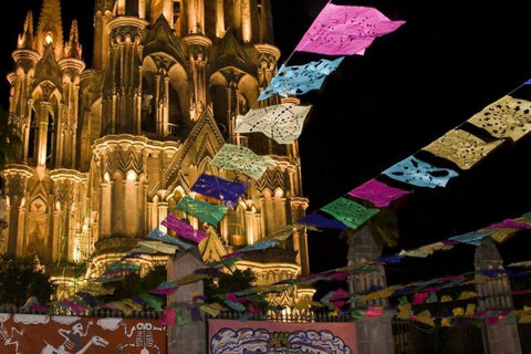 Mexico Festival banners in front of a church White Modern Wood Framed Art Print with Double Matting by Young, Bill