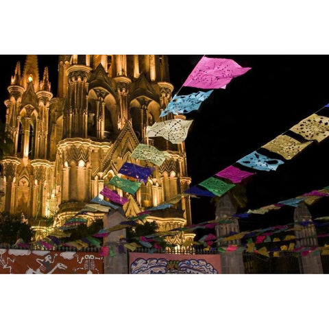 Mexico Festival banners in front of a church Gold Ornate Wood Framed Art Print with Double Matting by Young, Bill