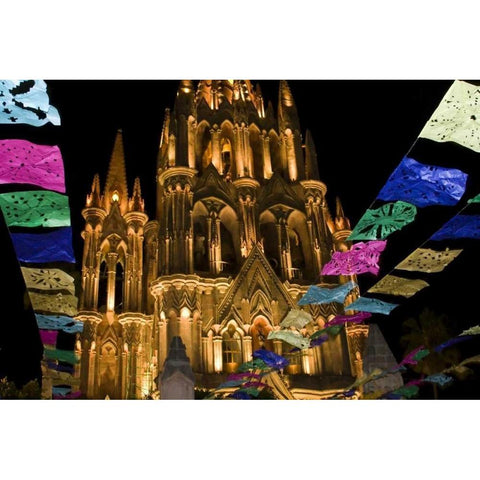 Mexico Festival banners in front of a church Gold Ornate Wood Framed Art Print with Double Matting by Young, Bill