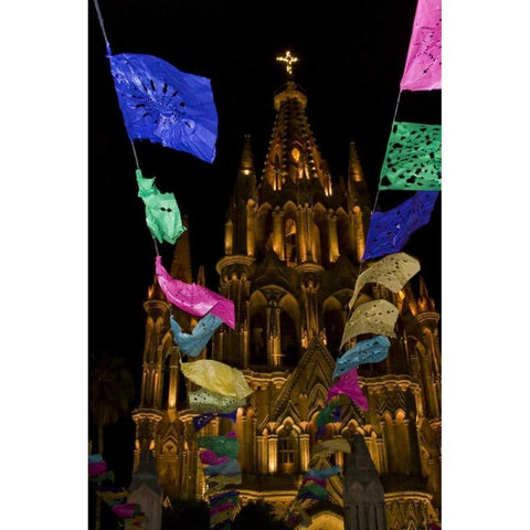 Mexico Festival banners in front of a church Gold Ornate Wood Framed Art Print with Double Matting by Young, Bill