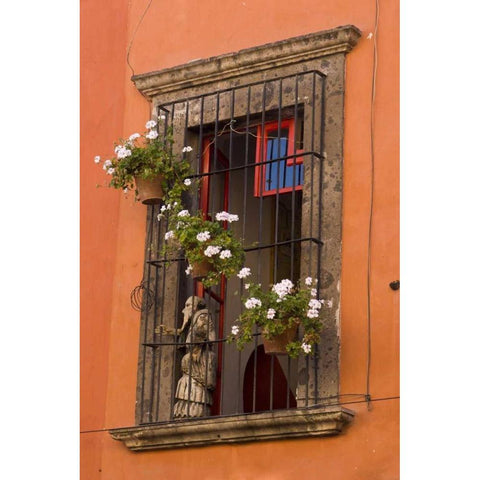 Mexico Flower pots decorate window Black Modern Wood Framed Art Print with Double Matting by Young, Bill