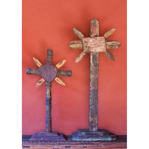 Mexico Two wooden crosses against red wall Black Modern Wood Framed Art Print with Double Matting by Young, Bill
