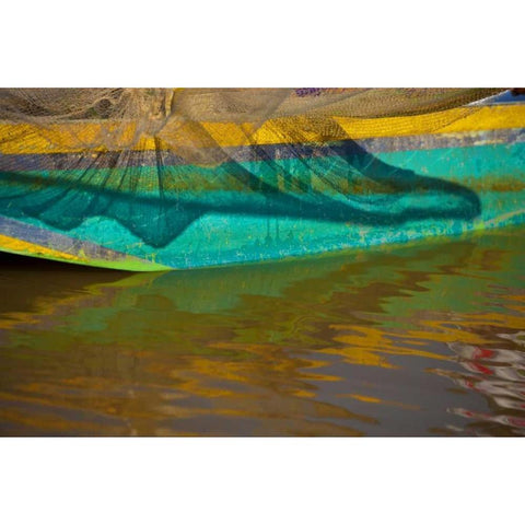 Mexico, Janitzio Island Boat and net reflections White Modern Wood Framed Art Print by Rotenberg, Nancy