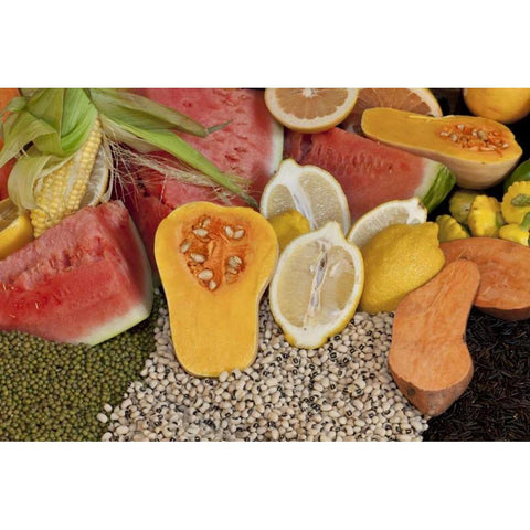 Mexico, Tecate Display of fruit and grains Black Modern Wood Framed Art Print with Double Matting by Paulson, Don