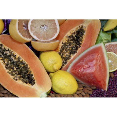 Mexico, Tecate Display of fruit and grains Black Modern Wood Framed Art Print with Double Matting by Paulson, Don