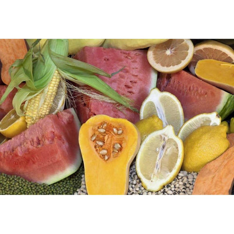 Mexico, Tecate Display of fruit and grains Black Modern Wood Framed Art Print by Paulson, Don