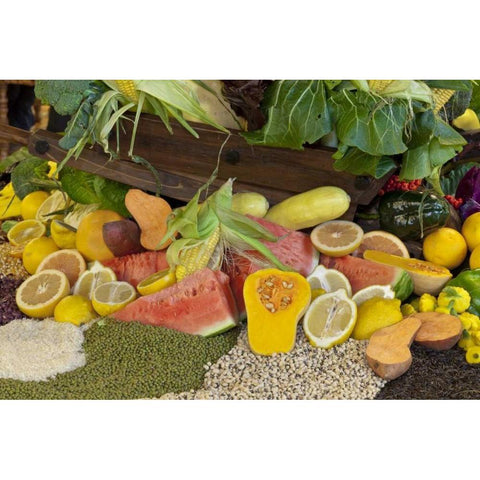 Mexico, Tecate Display of fruit and grains Black Modern Wood Framed Art Print by Paulson, Don