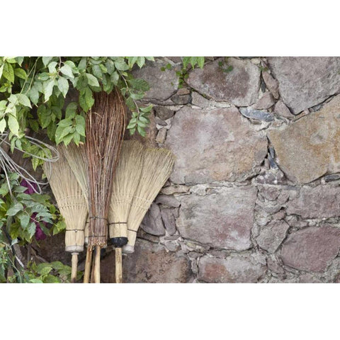 Mexico Brooms leaning against stone wall White Modern Wood Framed Art Print by Paulson, Don