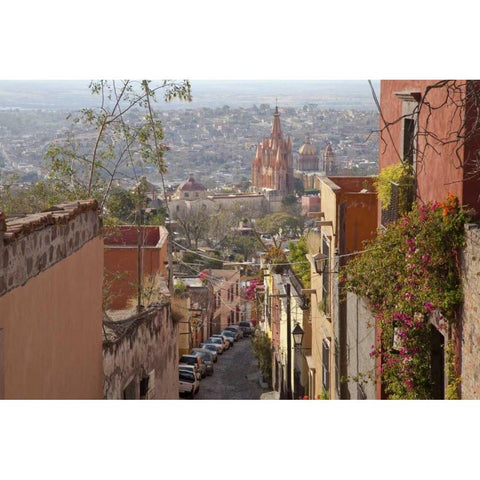 Mexico Street scene with overview of city Black Modern Wood Framed Art Print by Paulson, Don