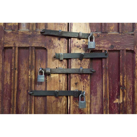 Mexico Detail of wooden door with four locks Black Modern Wood Framed Art Print by Paulson, Don