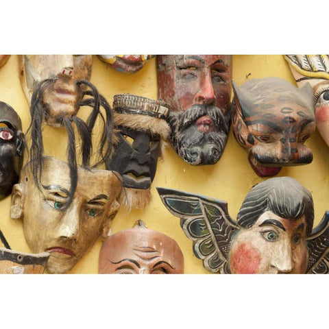 Mexico Masks on display in shop White Modern Wood Framed Art Print by Paulson, Don