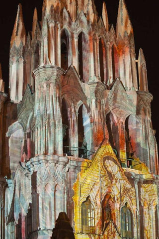 Mexico Light show on La Parroquia cathedral White Modern Wood Framed Art Print with Double Matting by Paulson, Don