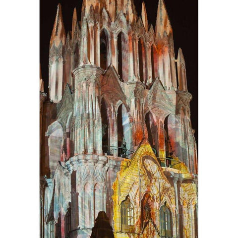 Mexico Light show on La Parroquia cathedral Black Modern Wood Framed Art Print by Paulson, Don