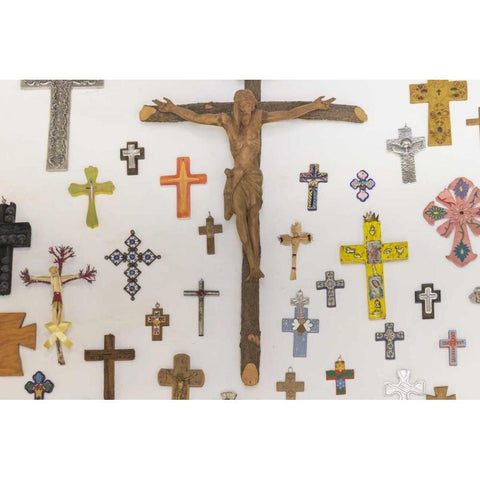 Mexico, Guanajuato Crosses displayed on a wall White Modern Wood Framed Art Print by Paulson, Don