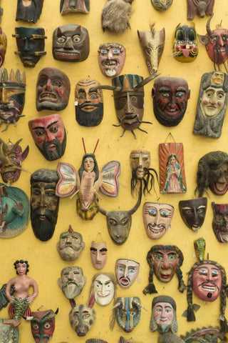 Mexico Masks displayed on shop wall Black Ornate Wood Framed Art Print with Double Matting by Paulson, Don