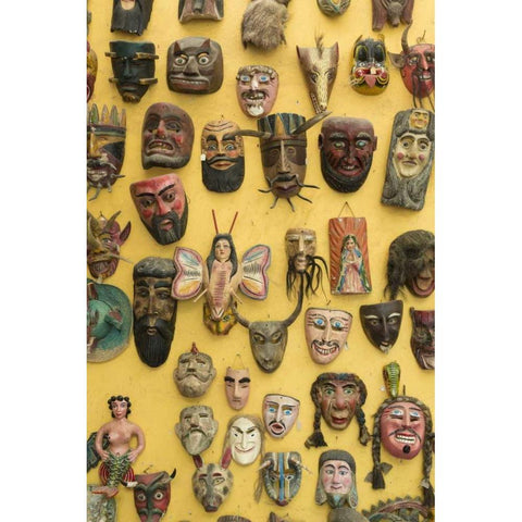 Mexico Masks displayed on shop wall Black Modern Wood Framed Art Print by Paulson, Don