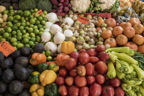 Mexico Fruits and vegetables at market White Modern Wood Framed Art Print with Double Matting by Paulson, Don