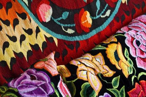 Mexico Display of colorful fabrics Black Ornate Wood Framed Art Print with Double Matting by Rotenberg, Nancy