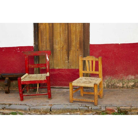 Mexico, Jalisco Rustic door and chairs White Modern Wood Framed Art Print by Ross, Steve