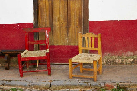 Mexico, Jalisco Rustic door and chairs Black Ornate Wood Framed Art Print with Double Matting by Ross, Steve