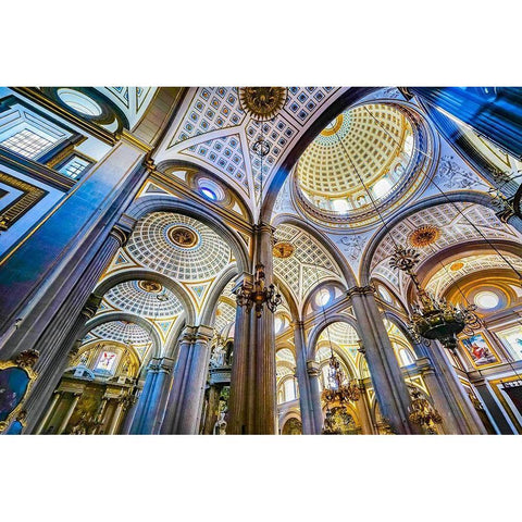 Basilica ceiling Dome Stained glass Cathedral Puebla-Mexico Built in 15 to 1600s Black Modern Wood Framed Art Print by Perry, William