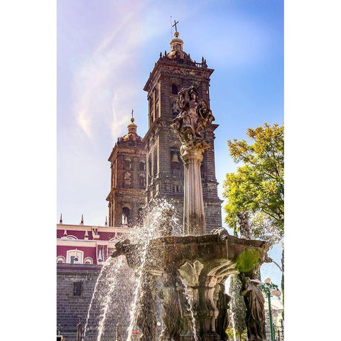 Sun Rays Zocalo Park Plaza San Miguel Archangel Fountain Cathedral Puebla-Mexico  Black Modern Wood Framed Art Print by Perry, William