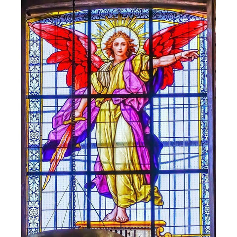 Colorful Archangel Uriel Stained glass Cathedral Puebla-Mexico Built in 15 to 1600s Black Modern Wood Framed Art Print by Perry, William