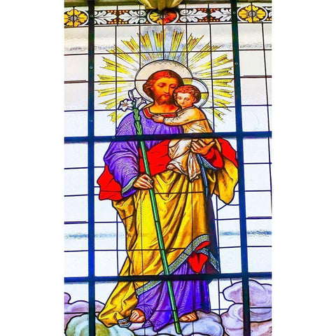 Colorful Saint Joseph Father Baby Jesus Lily Stained glass Cathedral Puebla-Mexico  White Modern Wood Framed Art Print by Perry, William
