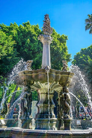 Zocalo Park Plaza San Miguel Archangel Fountain Puebla-Mexico Fountain built in 1777 White Modern Wood Framed Art Print with Double Matting by Perry, William