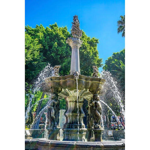 Zocalo Park Plaza San Miguel Archangel Fountain Puebla-Mexico Fountain built in 1777 Black Modern Wood Framed Art Print by Perry, William
