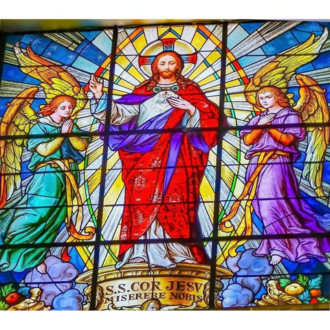 Colorful Jesus Archangels Stained glass Cathedral Puebla-Mexico Church built in 15 to 1600s Gold Ornate Wood Framed Art Print with Double Matting by Perry, William