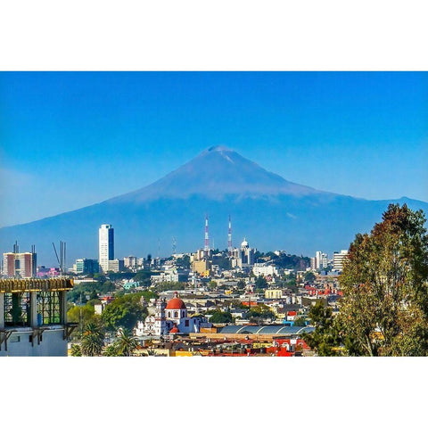 Overlook Buildings Churches Cityscape Volcano Mount Popocatepetl-Puebla-Mexico Gold Ornate Wood Framed Art Print with Double Matting by Perry, William