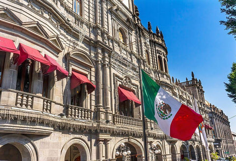 Mexican Flag Major Shopping Street Government Buildings Hotel Zocalo-Puebla-Mexico White Modern Wood Framed Art Print with Double Matting by Perry, William