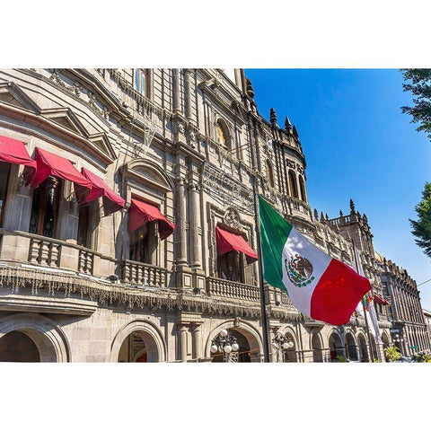 Mexican Flag Major Shopping Street Government Buildings Hotel Zocalo-Puebla-Mexico Black Modern Wood Framed Art Print by Perry, William