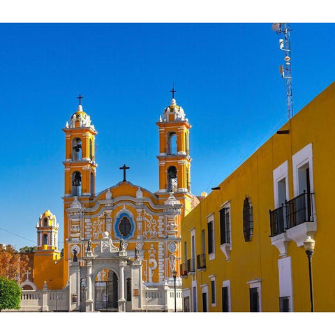 Two orange steeples Parish of la Santa Cruz-Puebla-Mexico Black Modern Wood Framed Art Print by Perry, William