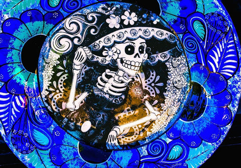 Colorful Mexican ceramic-Day of the Dead skeleton blue plate handicraft Los Cabos-Cabo San Lucas-Me White Modern Wood Framed Art Print with Double Matting by Perry, William