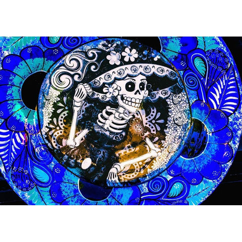 Colorful Mexican ceramic-Day of the Dead skeleton blue plate handicraft Los Cabos-Cabo San Lucas-Me Black Modern Wood Framed Art Print by Perry, William