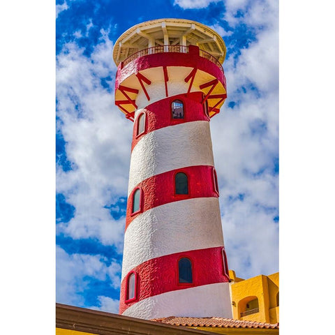 Colorful lighthouse marina harbor-Cabo San Lucas-Baja Mexico Black Modern Wood Framed Art Print by Perry, William