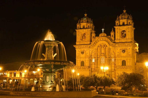 Peru, Cusco, Fountain and Cathedral of Cusco White Modern Wood Framed Art Print with Double Matting by Kirkland, Dennis
