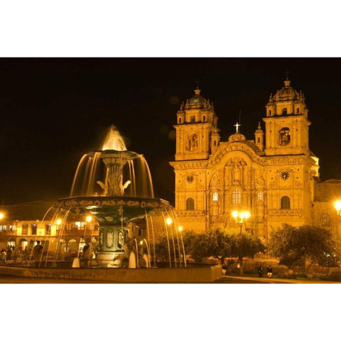 Peru, Cusco, Fountain and Cathedral of Cusco Black Modern Wood Framed Art Print by Kirkland, Dennis