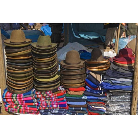 Peru, Pisac, Hats and clothes for sale at market Black Modern Wood Framed Art Print with Double Matting by Kirkland, Dennis