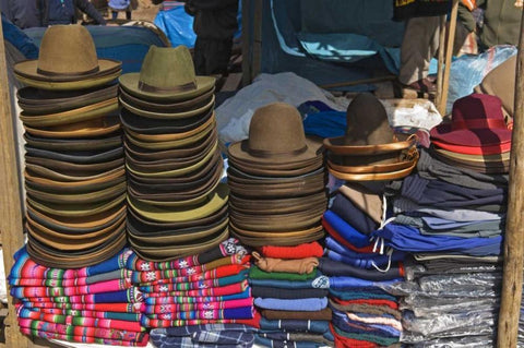 Peru, Pisac, Hats and clothes for sale at market Black Ornate Wood Framed Art Print with Double Matting by Kirkland, Dennis