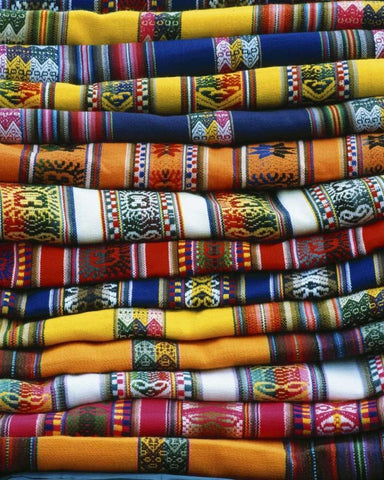 Peru Stack of blankets for sale in market White Modern Wood Framed Art Print with Double Matting by Zuckerman, Jim