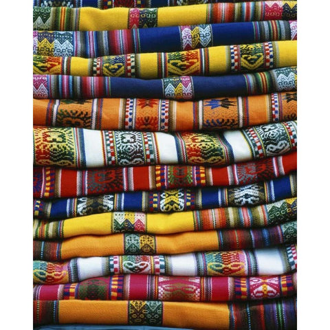 Peru Stack of blankets for sale in market Black Modern Wood Framed Art Print with Double Matting by Zuckerman, Jim