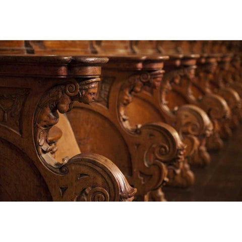 Peru, Lima, Detail of wood seats in the cathedral Black Modern Wood Framed Art Print by Kaveney, Wendy