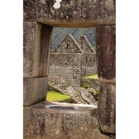 Peru, Machu PicchuHouse framed by a stone window Black Modern Wood Framed Art Print by Kaveney, Wendy